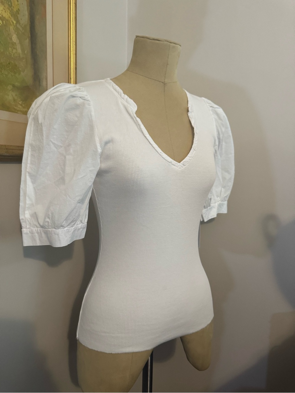 Nation White Puff Sleeve V-Neck Top Size Medium